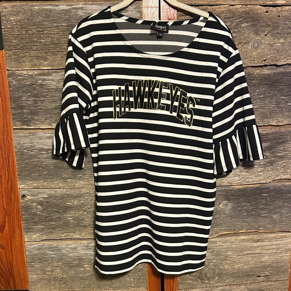 Iowa Hawkeyes Black and White Striped Women's Long Blouse Cute Sleeves Size L